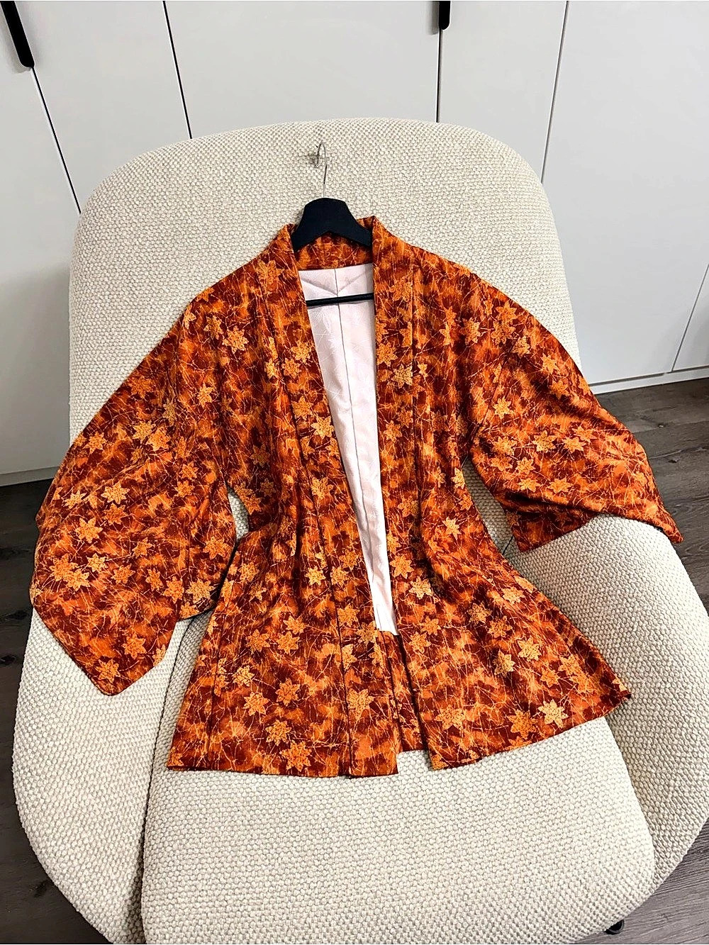 Japanese Vintage Floral Orange & Brown Traditional Kimono.